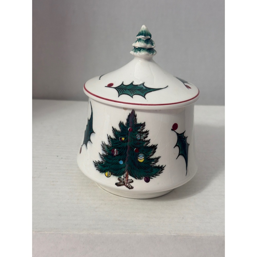 Vintage Christmas Tree Holly Ceramic Sugar Bowl Lidded Jar Hand Decorated 3348